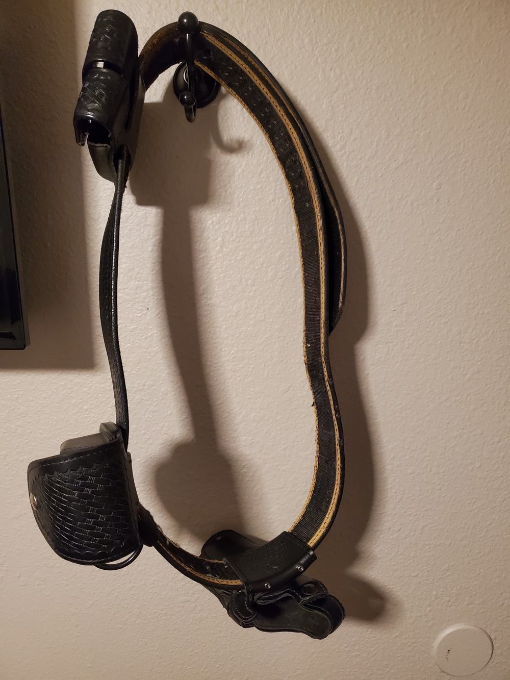 Black Leather Duty Belt with Holster and Woven Detail